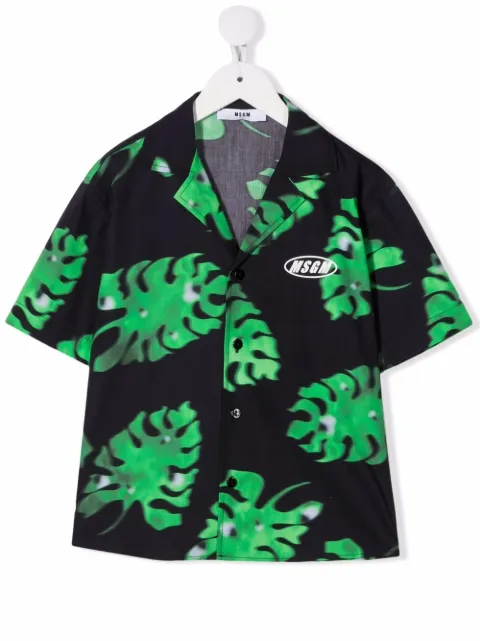 MSGM Kids leaf-print Cuban shirt