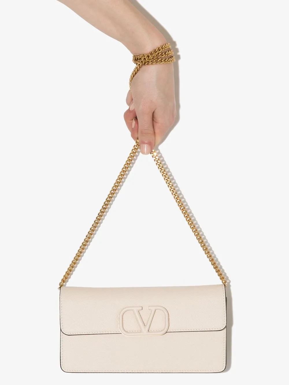 V Logo Signature Leather Chain Wallet in Black - Valentino