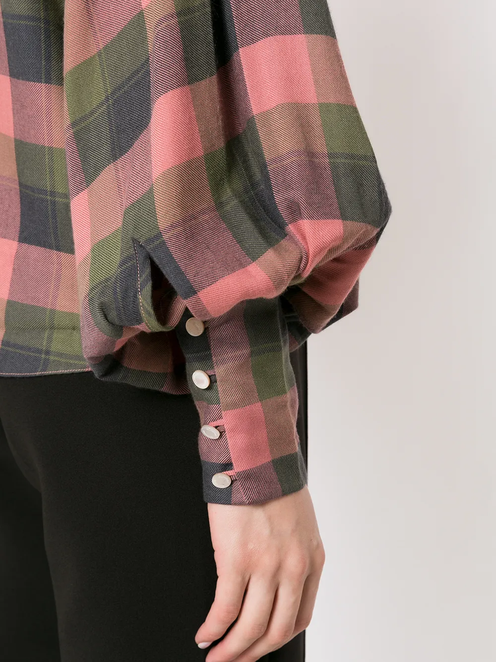 check-print round neck blouse