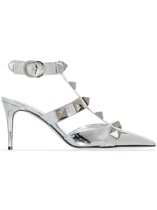 Valentino Garavani Roman Stud 80mm Leather Pumps Silver FARFETCH IN