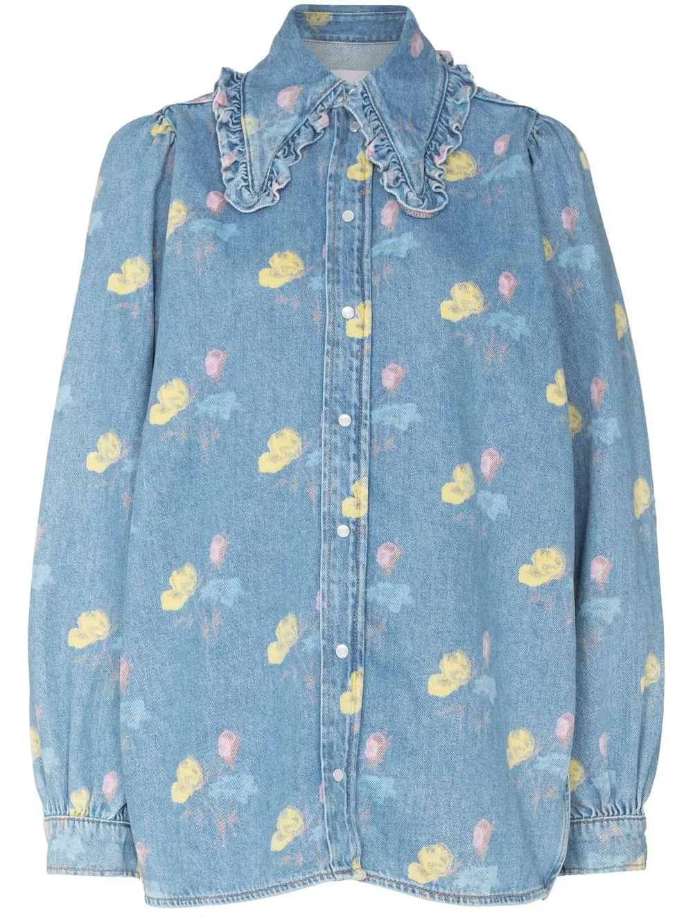 Ganni Ruffled Floral-print Organic Denim Shirt In Blau