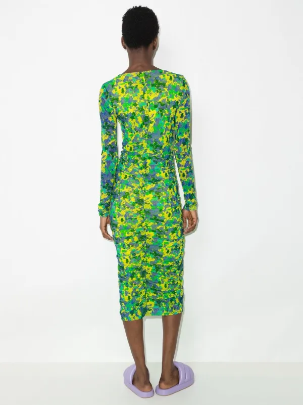 GANNI Sulphur Spring Ruched Mesh Dress 