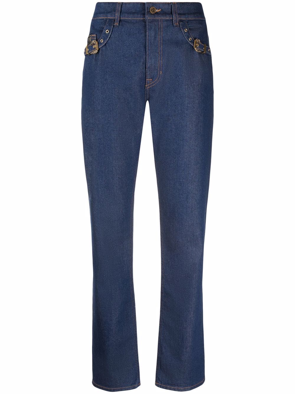 Shop Versace Jeans Couture Buckle-embellished Straight Jeans In Blau