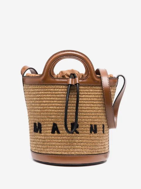 Marni Borsa a secchiello Tropicalia piccola in pelle e tessuto effetto rafia