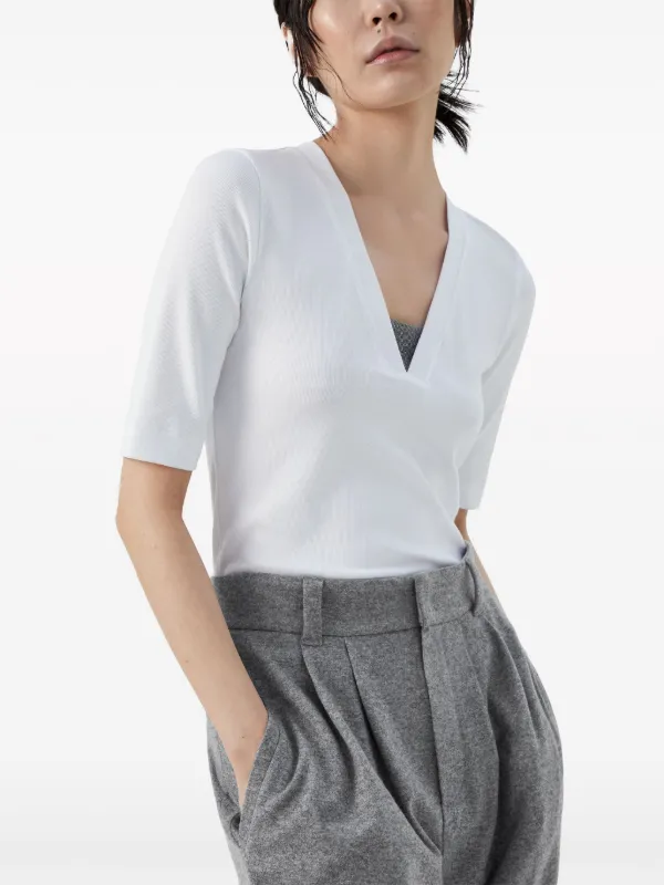 Tシャツ・カットソー BRUNELLO CUCINELLI Women Tunic Tops MPT81EC710 080 GREY T-shirt with monili for Woman in White | Brunello Cucinelli
