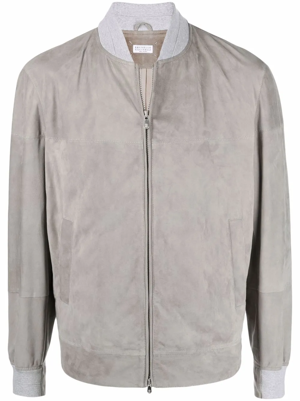 zip-up suede bomber jacket