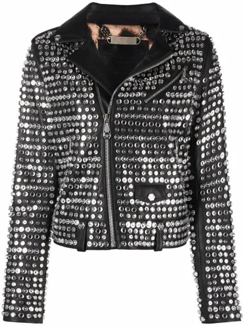 Philipp Plein crystal-embellished leather jacket