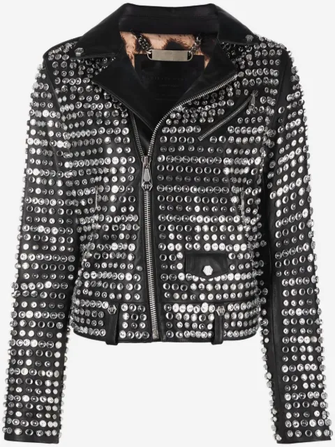 Philipp Plein 크리스털 장식 가죽 재킷