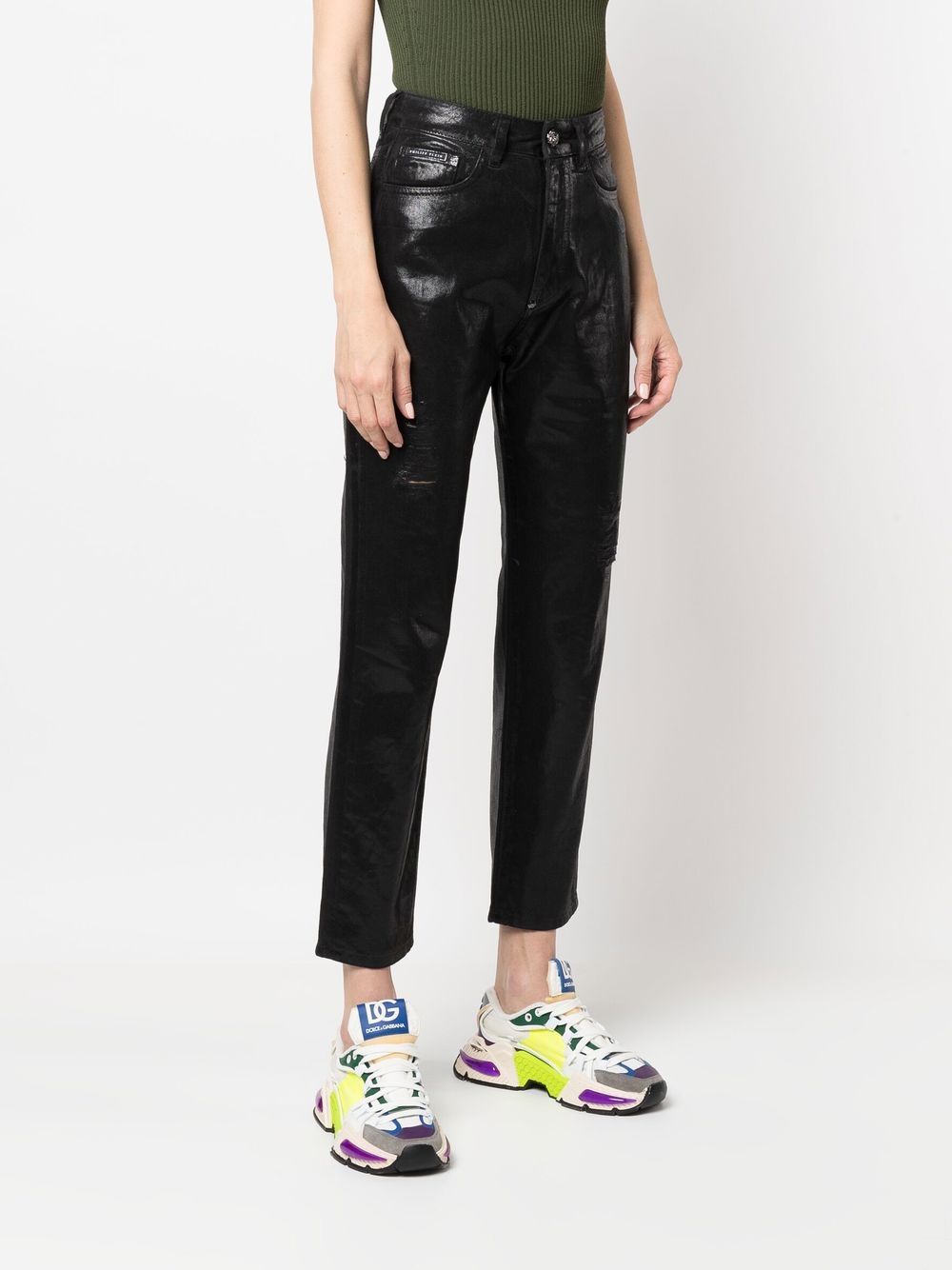 Shop Philipp Plein Metallic Cropped Boyfriend Jeans In Black