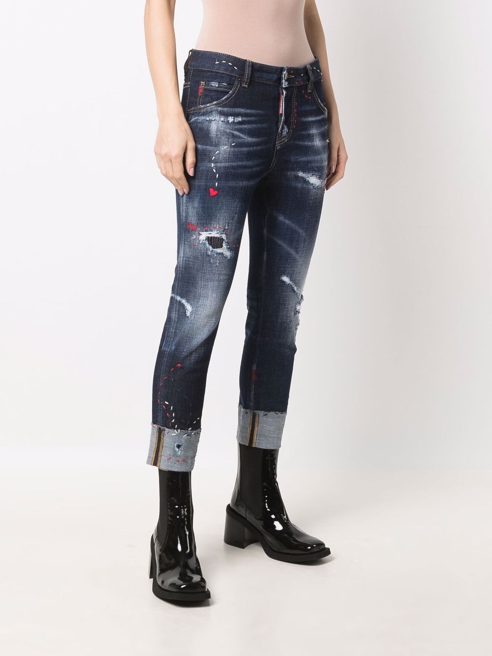 Shop Dsquared2 Distressed Cropped Heart-motif Jeans In Blue