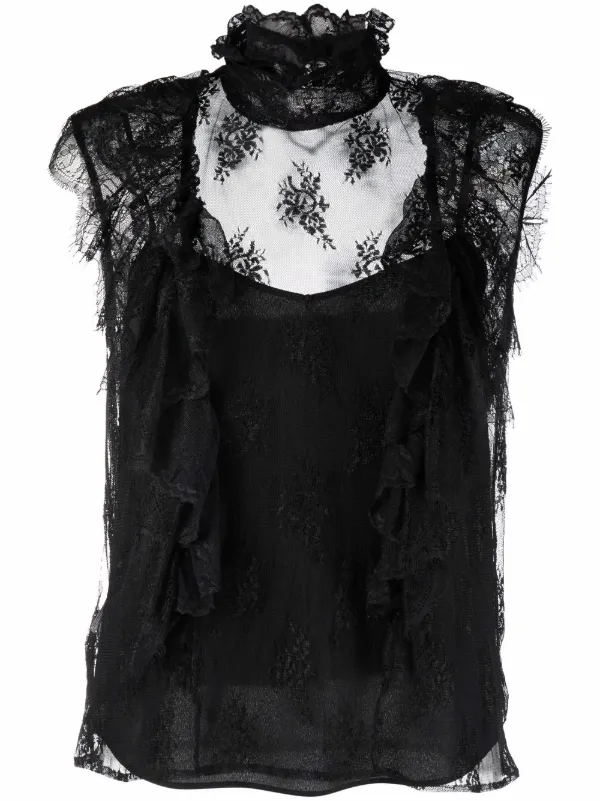 PINKO frilled-neck Lace Blouse - Farfetch