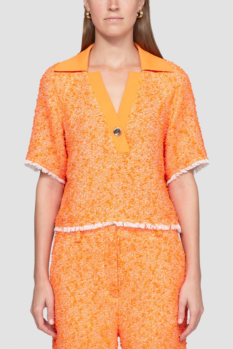 Short Sleeve Tweed Polo Top-orange #1 Short Sleeve Tweed Polo Top, tweed polo top from 3.1 PHILLIP LIM featuring orange, cotton, tweed, polo collar, front button placket, short sleeves and straight hem.- 1