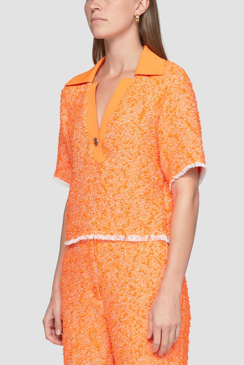 Short Sleeve Tweed Polo Top-orange #0 Short Sleeve Tweed Polo Top, tweed polo top from 3.1 PHILLIP LIM featuring orange, cotton, tweed, polo collar, front button placket, short sleeves and straight hem.- 2