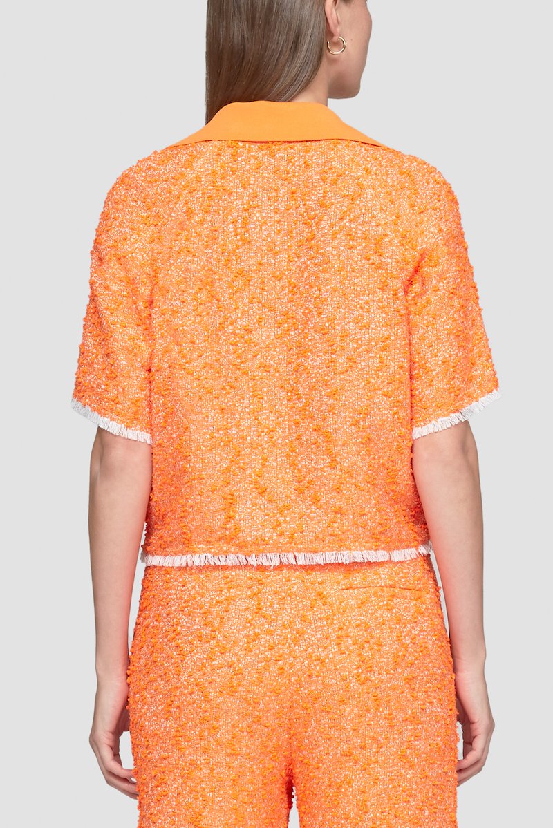 Short Sleeve Tweed Polo Top-orange #1 Short Sleeve Tweed Polo Top, tweed polo top from 3.1 PHILLIP LIM featuring orange, cotton, tweed, polo collar, front button placket, short sleeves and straight hem.- 3