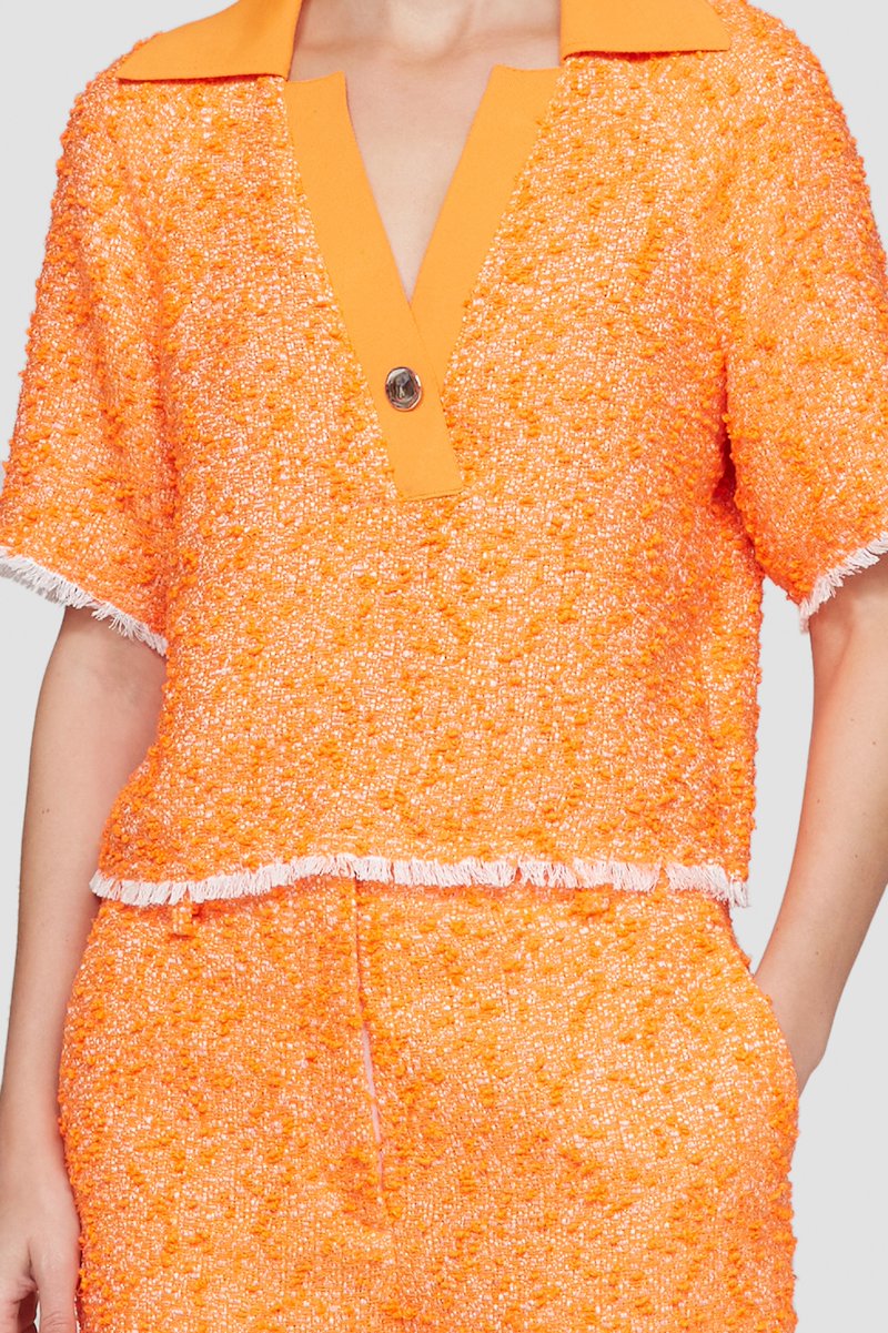 Short Sleeve Tweed Polo Top-orange #0 Short Sleeve Tweed Polo Top, tweed polo top from 3.1 PHILLIP LIM featuring orange, cotton, tweed, polo collar, front button placket, short sleeves and straight hem.- 4