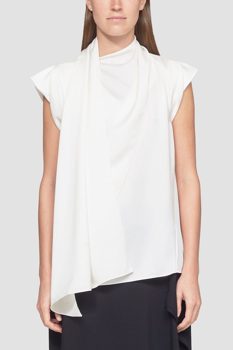 Scarf Neck Blouse-white #1 Scarf Neck Blouse, twisted satin blouse from 3.1 PHILLIP LIM featuring white, satin weave, scarf detailing, round neck, sleeveless, straight hem and asymmetric design.- 1