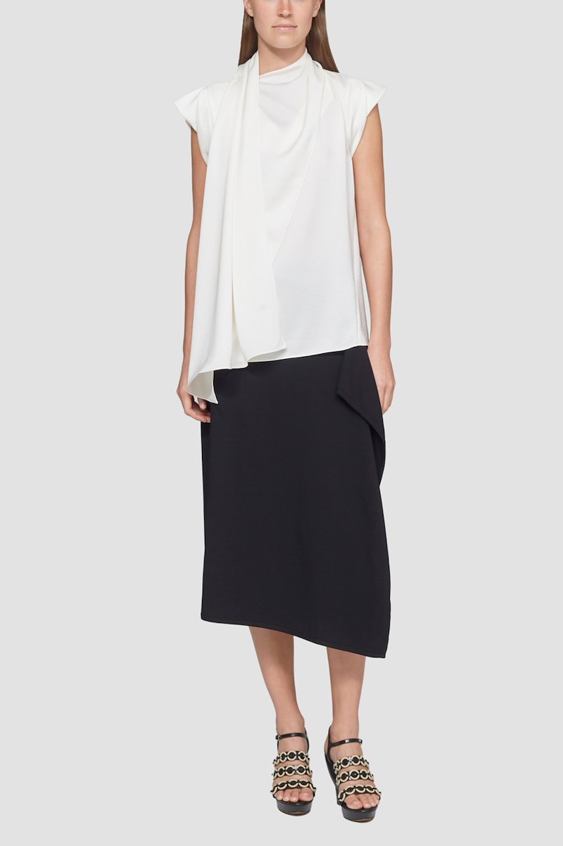 Scarf Neck Blouse-white #0 Scarf Neck Blouse, twisted satin blouse from 3.1 PHILLIP LIM featuring white, satin weave, scarf detailing, round neck, sleeveless, straight hem and asymmetric design.- 0
