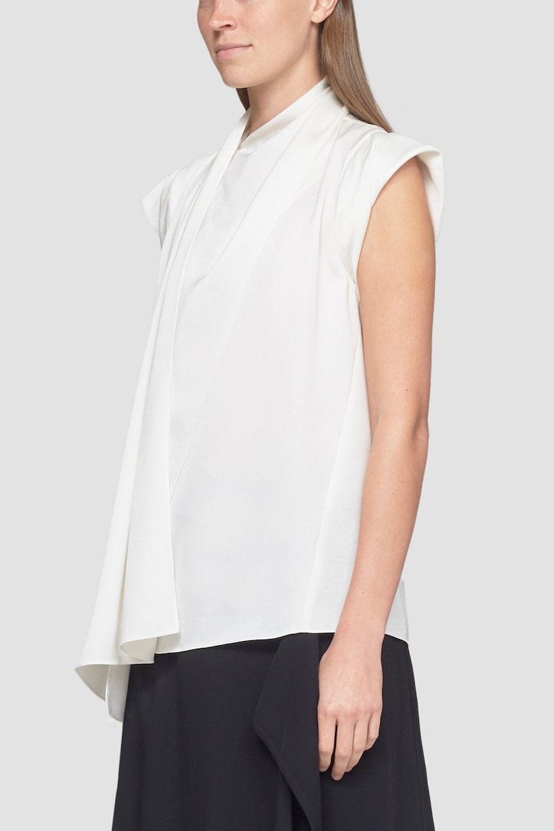 Scarf Neck Blouse-white #0 Scarf Neck Blouse, twisted satin blouse from 3.1 PHILLIP LIM featuring white, satin weave, scarf detailing, round neck, sleeveless, straight hem and asymmetric design.- 2