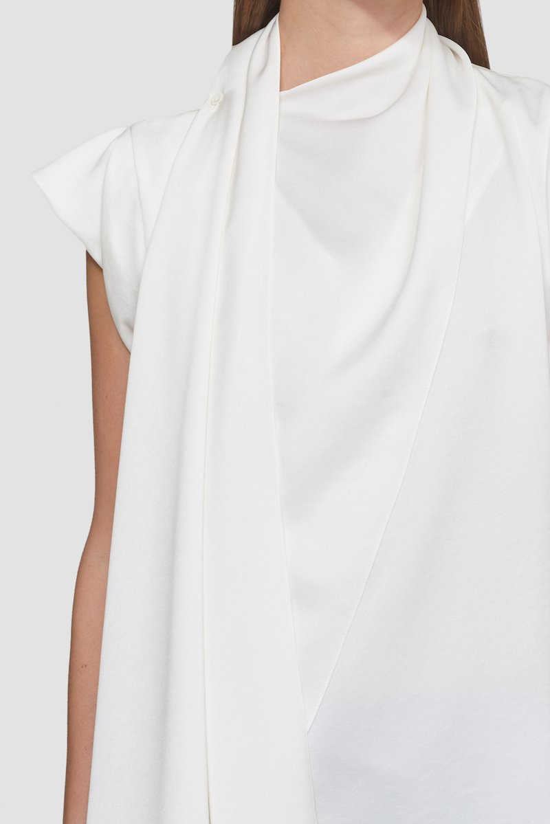 Scarf Neck Blouse-white #0 Scarf Neck Blouse, twisted satin blouse from 3.1 PHILLIP LIM featuring white, satin weave, scarf detailing, round neck, sleeveless, straight hem and asymmetric design.- 4