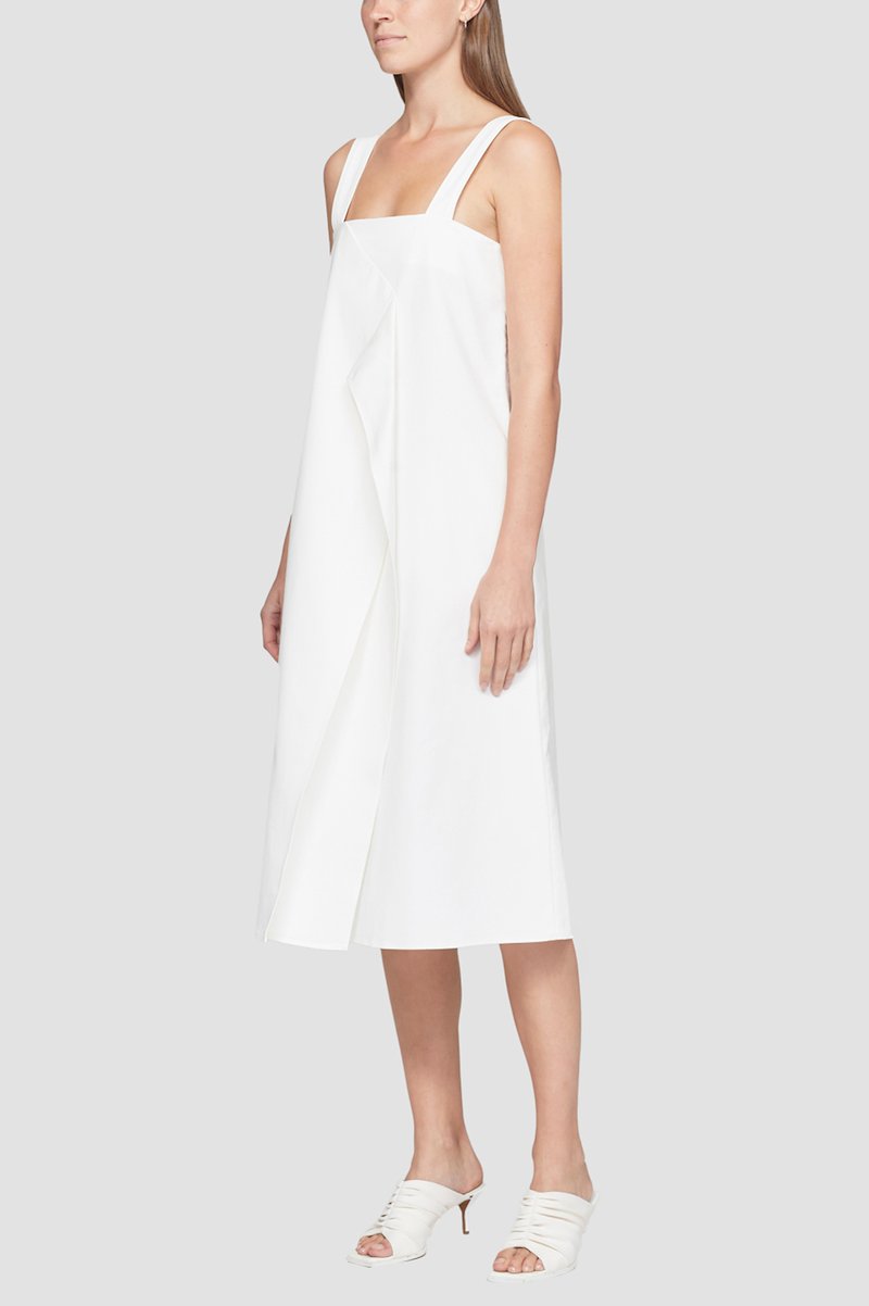Structured Cotton A-Line Dress-white #0 Structured Cotton A-Line Dress, Black cotton draped A-line cotton midi dress from 3.1 PHILLIP LIM featuring sleeveless, wide shoulder straps, square neck, draped detailing, rear button fastening, concealed side zip fastening, two side welt pockets and knee-length.- 2