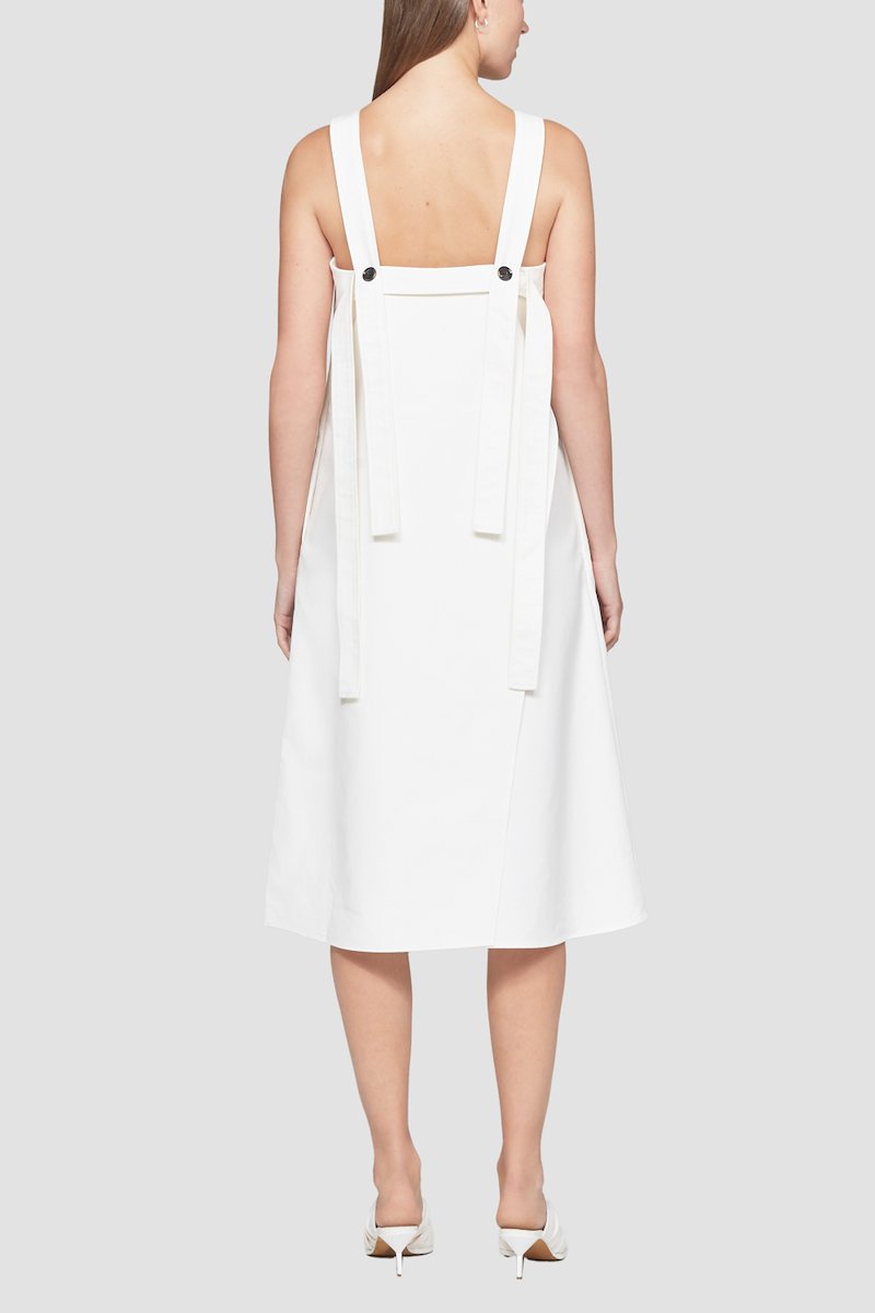 Structured Cotton A-Line Dress-white #1 Structured Cotton A-Line Dress, Black cotton draped A-line cotton midi dress from 3.1 PHILLIP LIM featuring sleeveless, wide shoulder straps, square neck, draped detailing, rear button fastening, concealed side zip fastening, two side welt pockets and knee-length.- 3