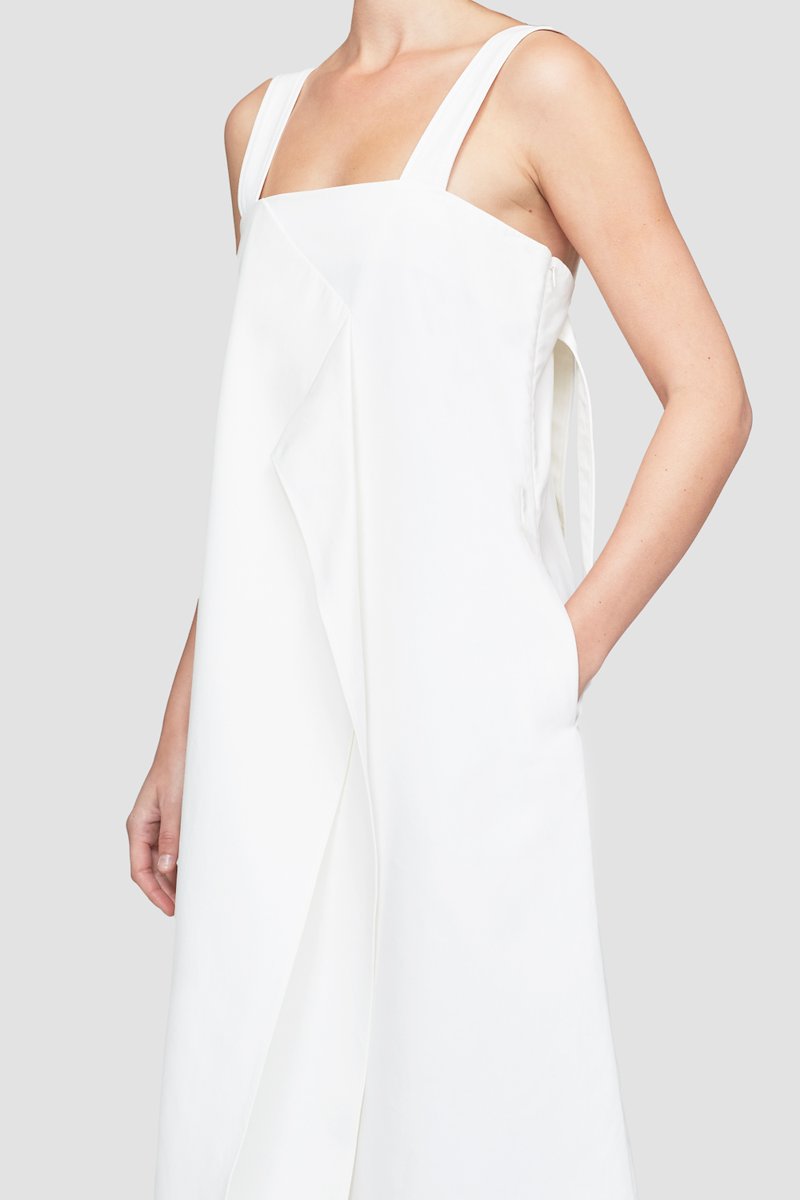 Structured Cotton A-Line Dress-white #0 Structured Cotton A-Line Dress, Black cotton draped A-line cotton midi dress from 3.1 PHILLIP LIM featuring sleeveless, wide shoulder straps, square neck, draped detailing, rear button fastening, concealed side zip fastening, two side welt pockets and knee-length.- 4