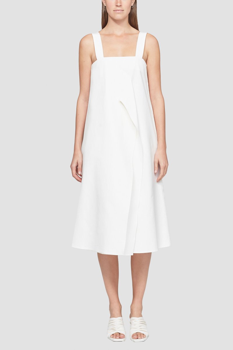 Structured Cotton A-Line Dress-white #1 Structured Cotton A-Line Dress, Black cotton draped A-line cotton midi dress from 3.1 PHILLIP LIM featuring sleeveless, wide shoulder straps, square neck, draped detailing, rear button fastening, concealed side zip fastening, two side welt pockets and knee-length.- 1