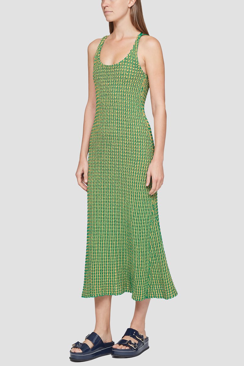 Knit Cami Dress-green #1 Knit Cami Dress, apple green/ecru cotton blend interwoven design pleat detailing scoop neck- 1