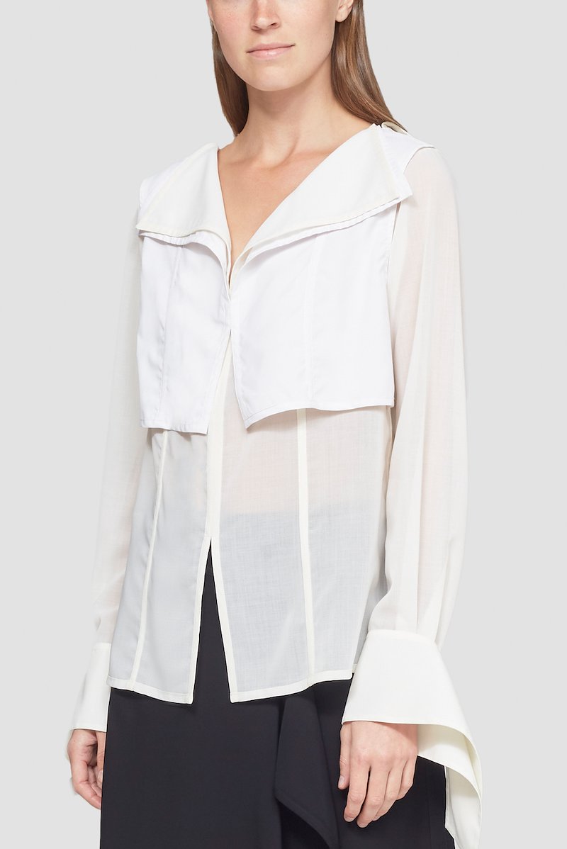 Long Sleeve Tie Back Blouse-white #0 Long Sleeve Tie Back Blouse, Antique white wool blend long sleeve tie back blouse from 3.1 PHILLIP LIM featuring rear tie fastening, panelled design, folded design, layered details, side slits, long sleeves and draped cuffs.- 0