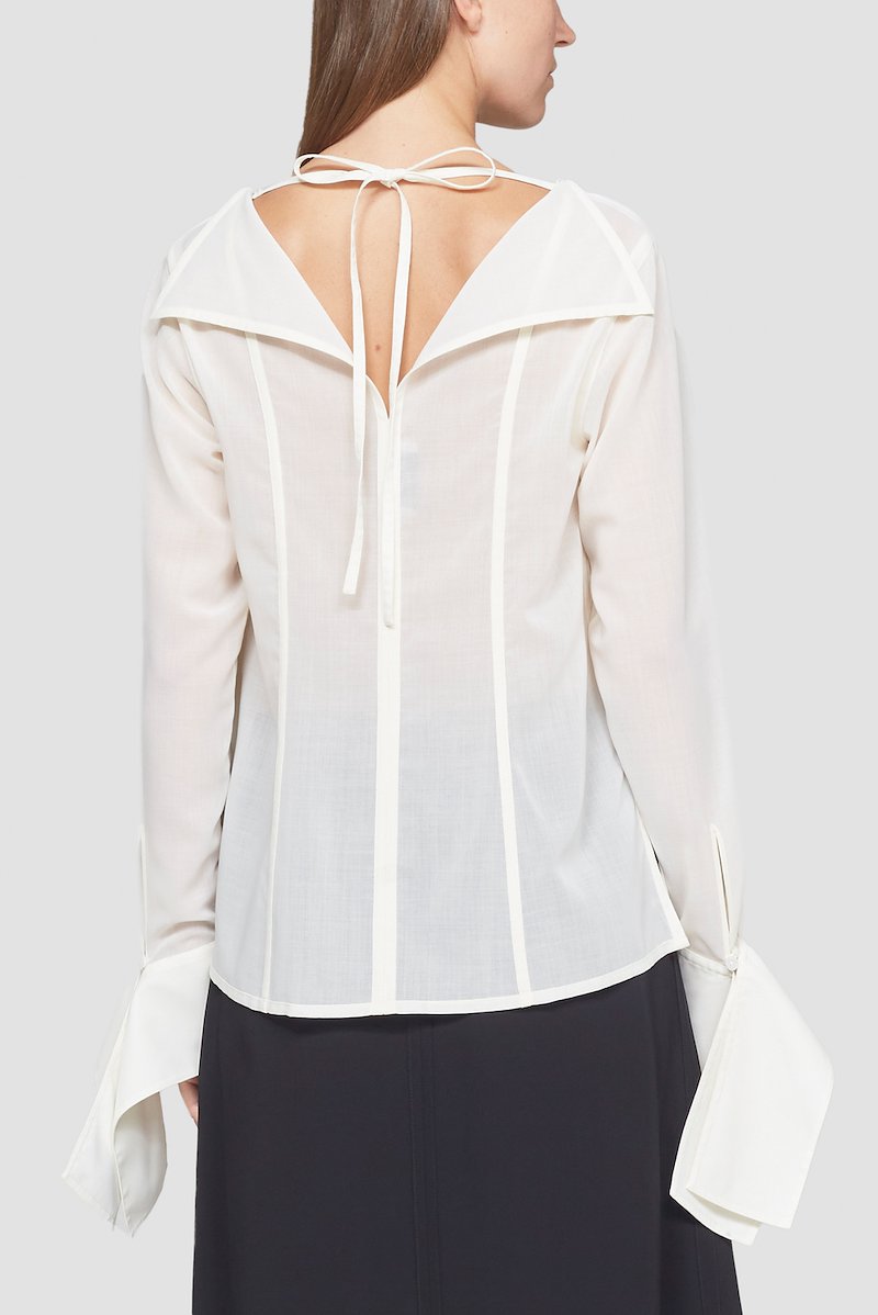 Long Sleeve Tie Back Blouse-white #1 Long Sleeve Tie Back Blouse, Antique white wool blend long sleeve tie back blouse from 3.1 PHILLIP LIM featuring rear tie fastening, panelled design, folded design, layered details, side slits, long sleeves and draped cuffs.- 1