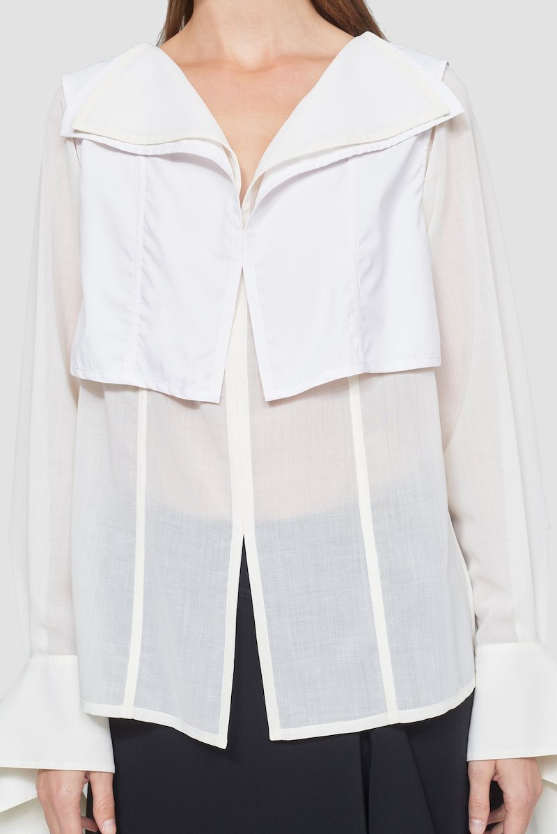 Long Sleeve Tie Back Blouse-white #0 Long Sleeve Tie Back Blouse, Antique white wool blend long sleeve tie back blouse from 3.1 PHILLIP LIM featuring rear tie fastening, panelled design, folded design, layered details, side slits, long sleeves and draped cuffs.- 2