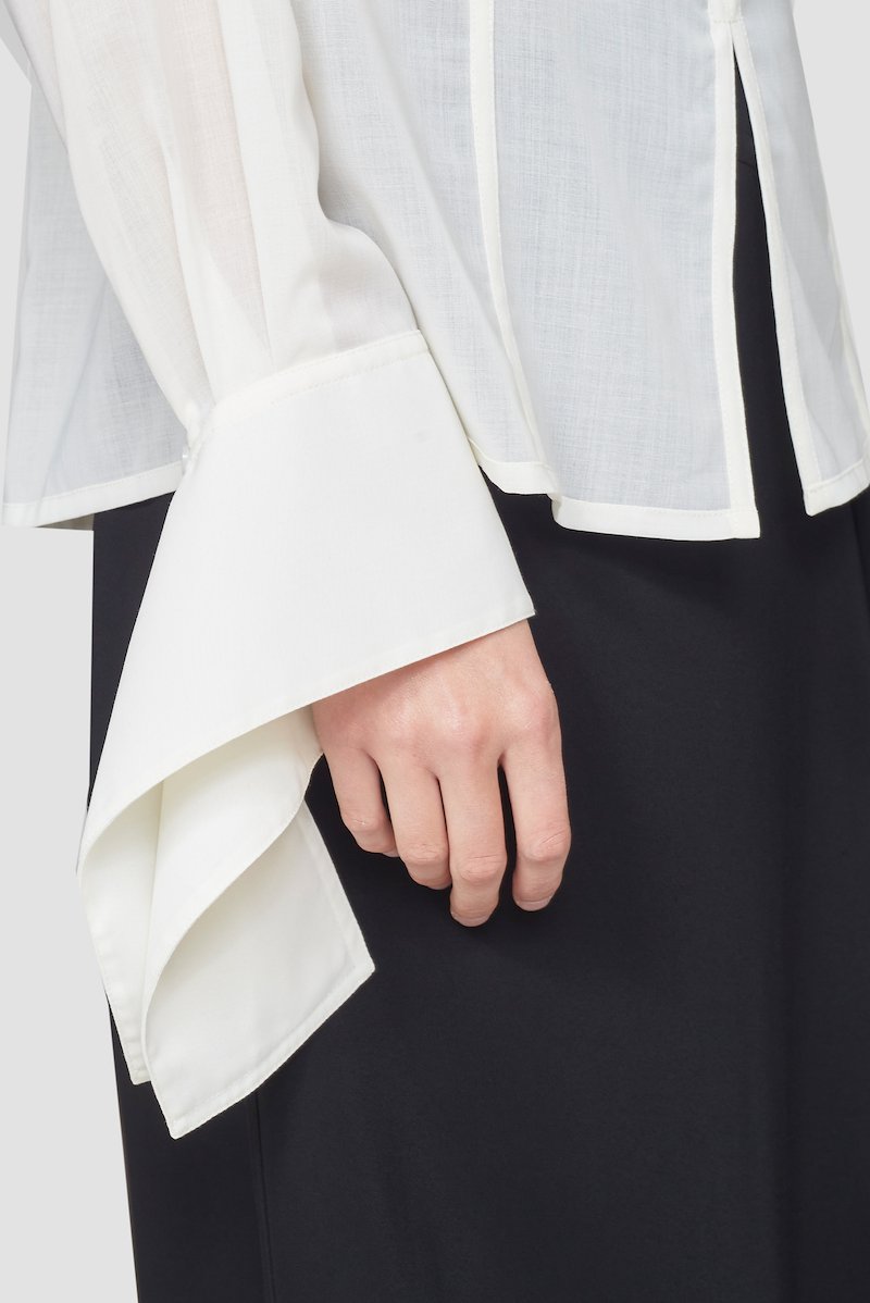 Long Sleeve Tie Back Blouse-white #1 Long Sleeve Tie Back Blouse, Antique white wool blend long sleeve tie back blouse from 3.1 PHILLIP LIM featuring rear tie fastening, panelled design, folded design, layered details, side slits, long sleeves and draped cuffs.- 3