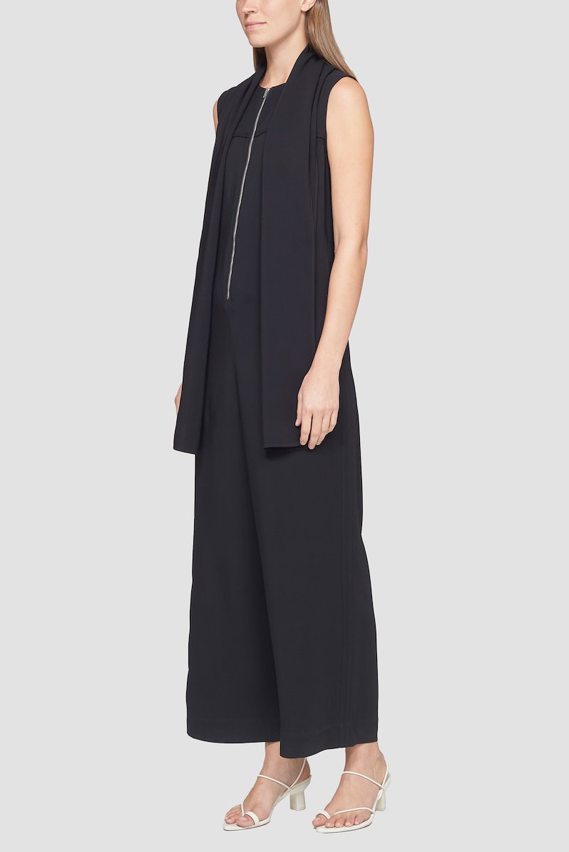 Sleeveless Scarf Neck Jumpsuit-black #0 Sleeveless Scarf Neck Jumpsuit, layered cropped jumpsuit from 3.1 PHILLIP LIM featuring black, layered design, V-neck, halterneck tie fastening, spaghetti straps, wide leg and cropped leg.- 2