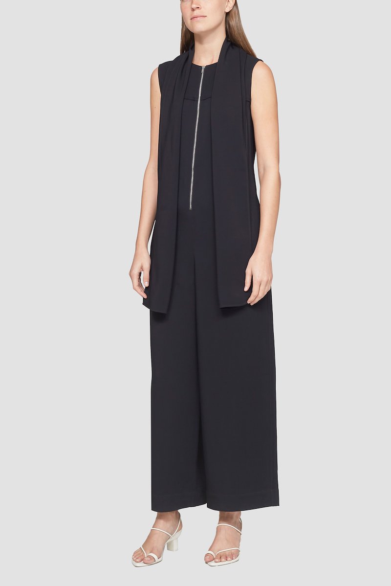 Sleeveless Scarf Neck Jumpsuit-black #0 Sleeveless Scarf Neck Jumpsuit, layered cropped jumpsuit from 3.1 PHILLIP LIM featuring black, layered design, V-neck, halterneck tie fastening, spaghetti straps, wide leg and cropped leg.- 0
