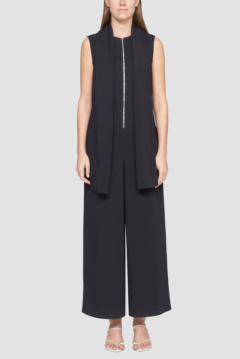 Sleeveless Scarf Neck Jumpsuit-black #1 Sleeveless Scarf Neck Jumpsuit, layered cropped jumpsuit from 3.1 PHILLIP LIM featuring black, layered design, V-neck, halterneck tie fastening, spaghetti straps, wide leg and cropped leg.- 1