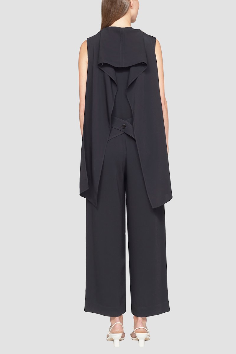 Sleeveless Scarf Neck Jumpsuit-black #1 Sleeveless Scarf Neck Jumpsuit, layered cropped jumpsuit from 3.1 PHILLIP LIM featuring black, layered design, V-neck, halterneck tie fastening, spaghetti straps, wide leg and cropped leg.- 5