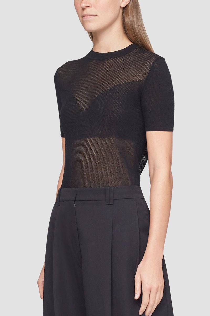 Short Sleeve Bustier Effect Crewneck Top-black #0 Short Sleeve Bustier Effect Crewneck Top, black cotton blend semi-sheer construction layered effect crew neck short sleeves- 2