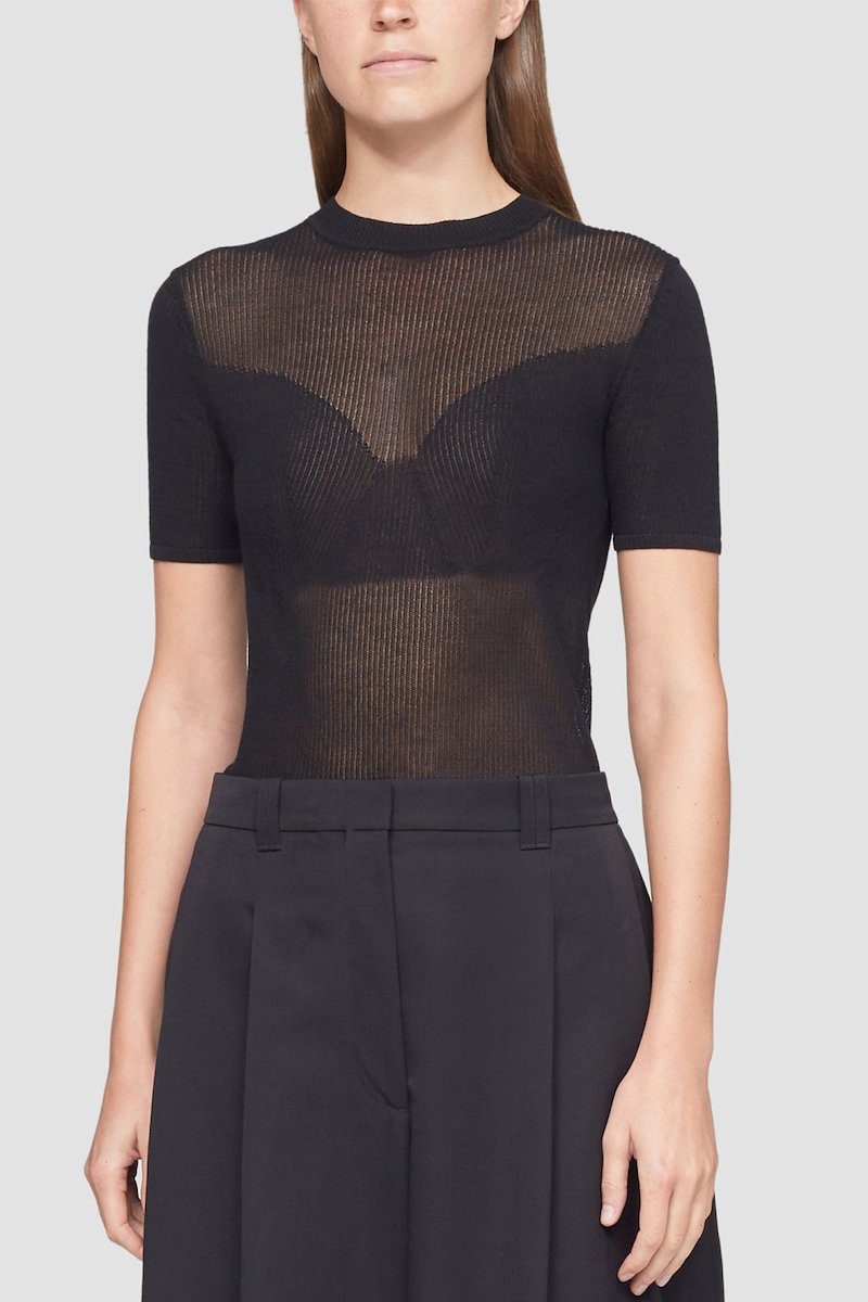 Short Sleeve Bustier Effect Crewneck Top-black #1 Short Sleeve Bustier Effect Crewneck Top, black cotton blend semi-sheer construction layered effect crew neck short sleeves- 1