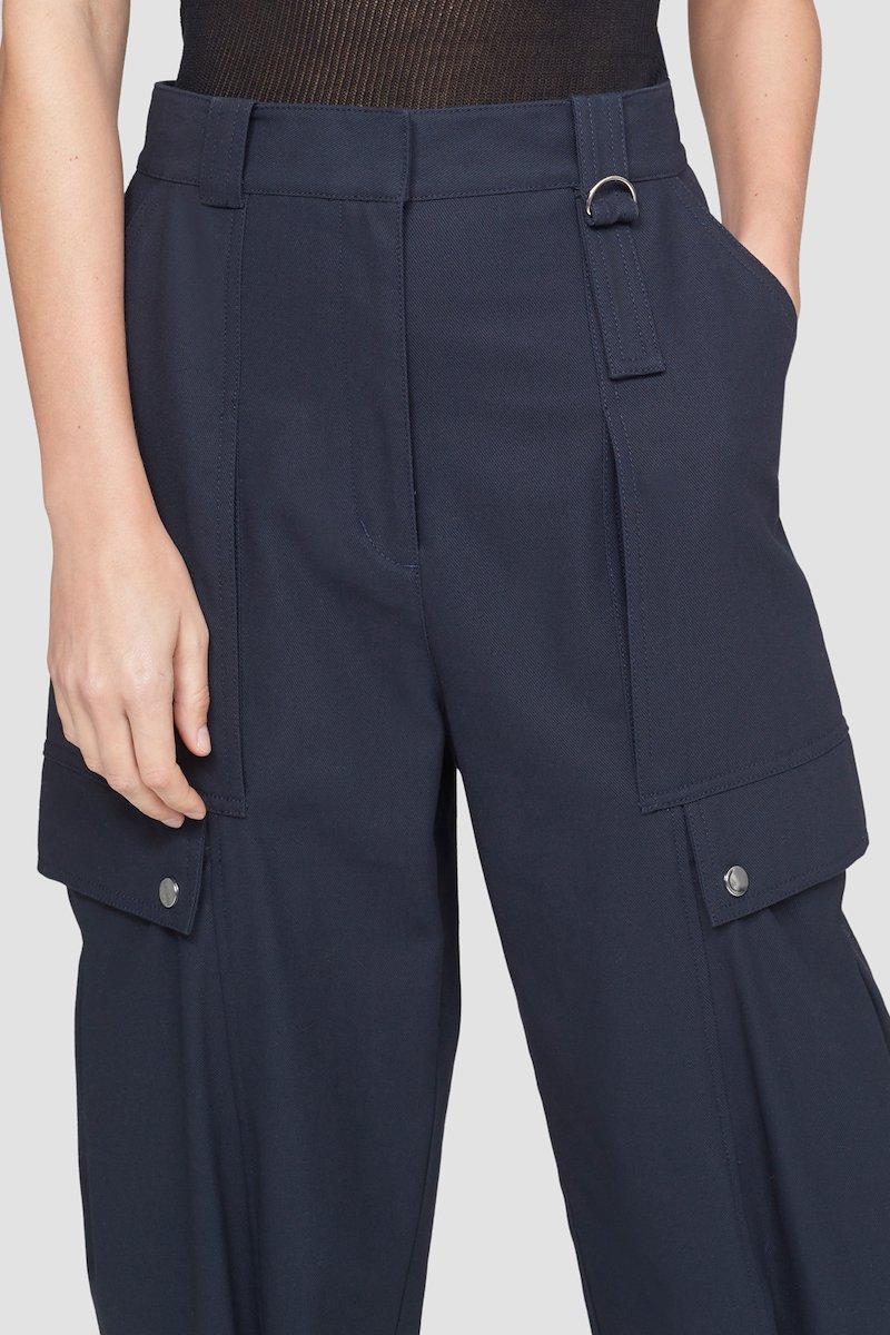 Utility Cargo Pant-blue #0 Utility Cargo Pant, Black cotton tapered-leg trousers from 3.1 PHILLIP LIM featuring D-ring buckle fastening, belt loops, two side flap pockets, ankle-length and buckle-strap at the ankle.- 4