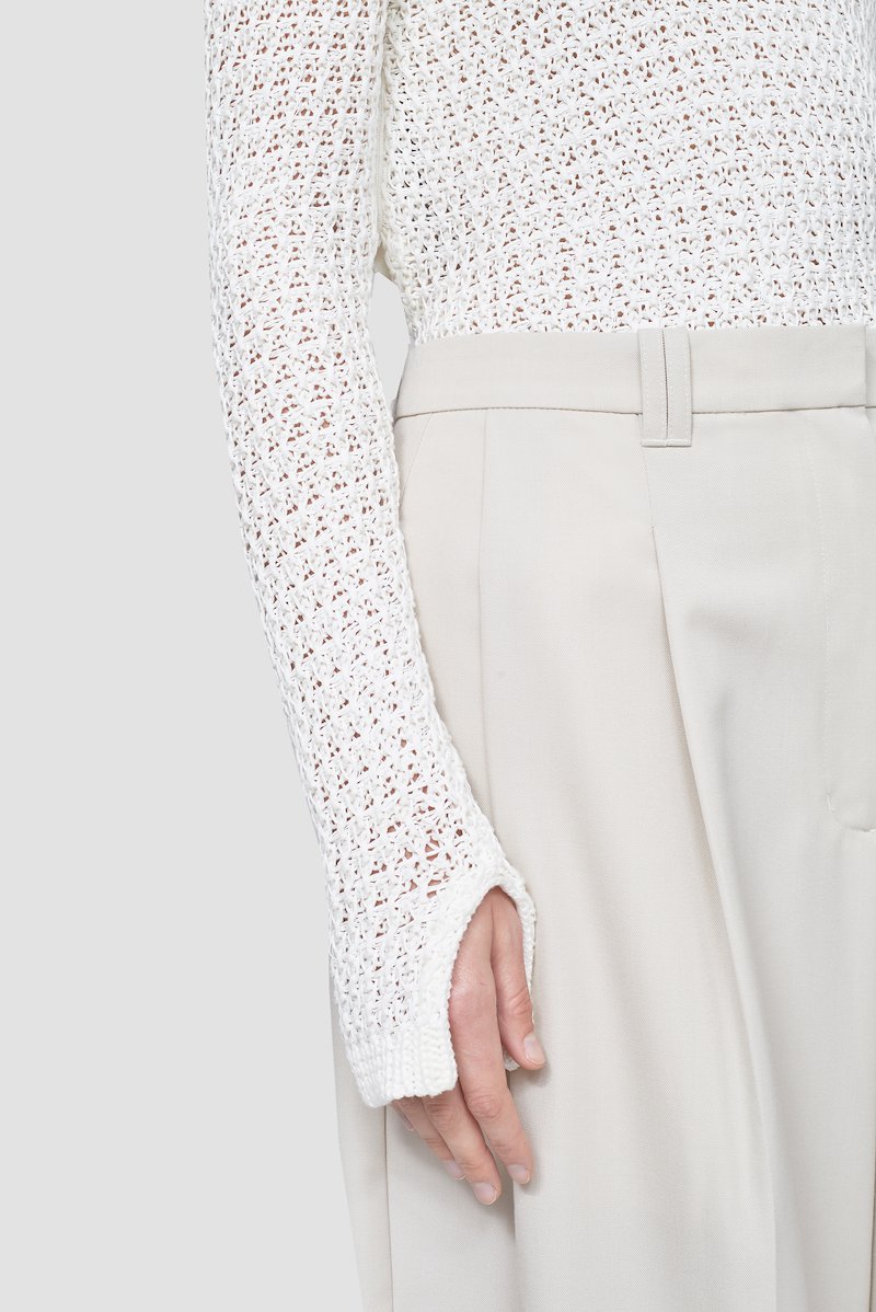 Long Sleeve Knit Crewneck Top-white #0 Long Sleeve Knit Crewneck Top, White cotton blend open-knit jumper from 3.1 PHILLIP LIM featuring open knit, crew neck, long sleeves and straight hem.- 4