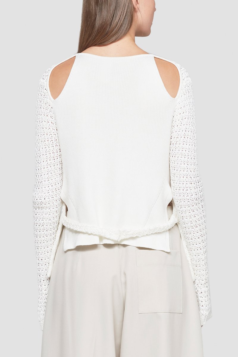 Long Sleeve Knit Crewneck Top-white #0 Long Sleeve Knit Crewneck Top, White cotton blend open-knit jumper from 3.1 PHILLIP LIM featuring open knit, crew neck, long sleeves and straight hem.- 2