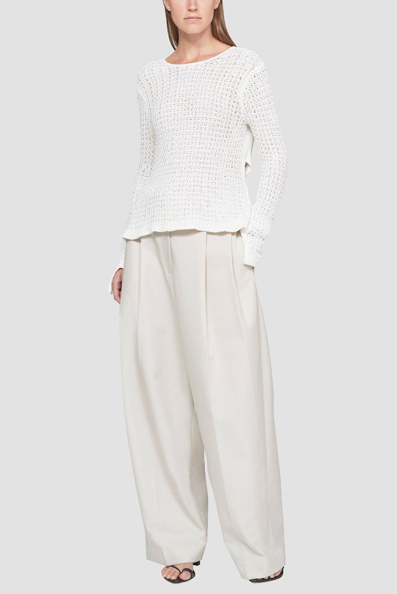 Long Sleeve Knit Crewneck Top-white #0 Long Sleeve Knit Crewneck Top, White cotton blend open-knit jumper from 3.1 PHILLIP LIM featuring open knit, crew neck, long sleeves and straight hem.- 0