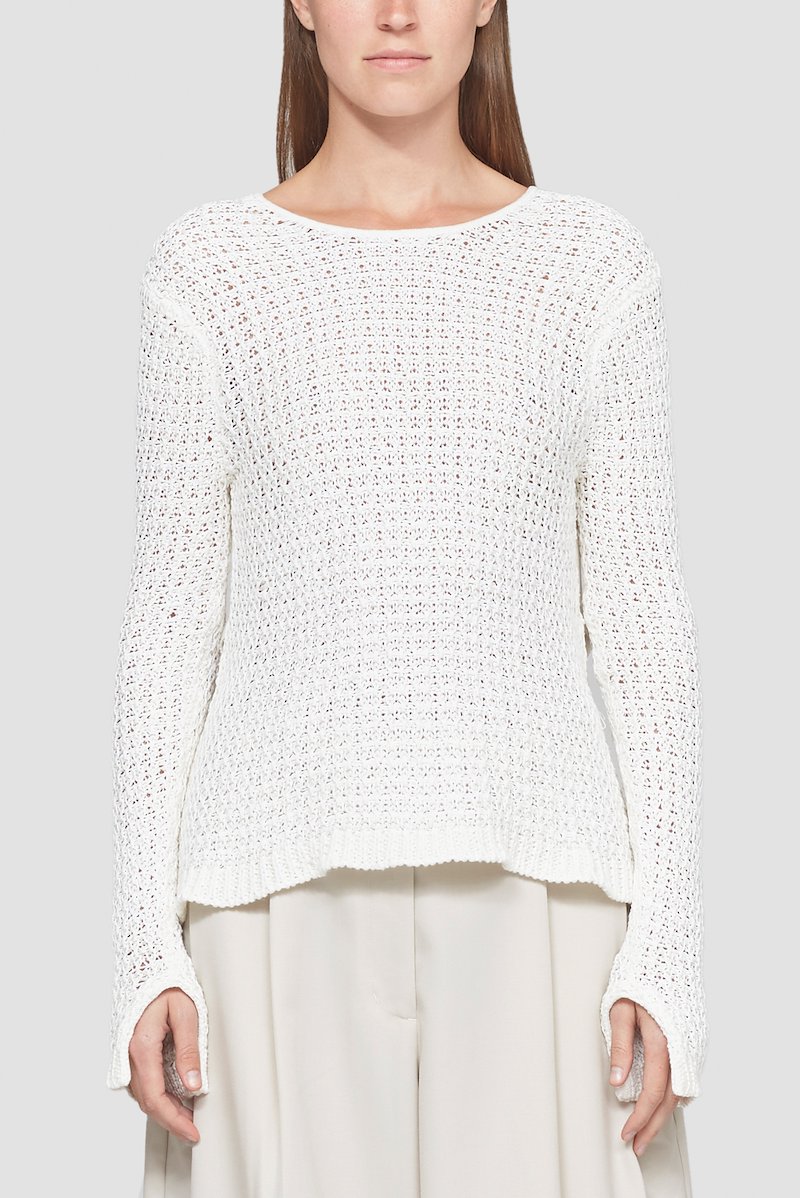 Long Sleeve Knit Crewneck Top-white #1 Long Sleeve Knit Crewneck Top, White cotton blend open-knit jumper from 3.1 PHILLIP LIM featuring open knit, crew neck, long sleeves and straight hem.- 1