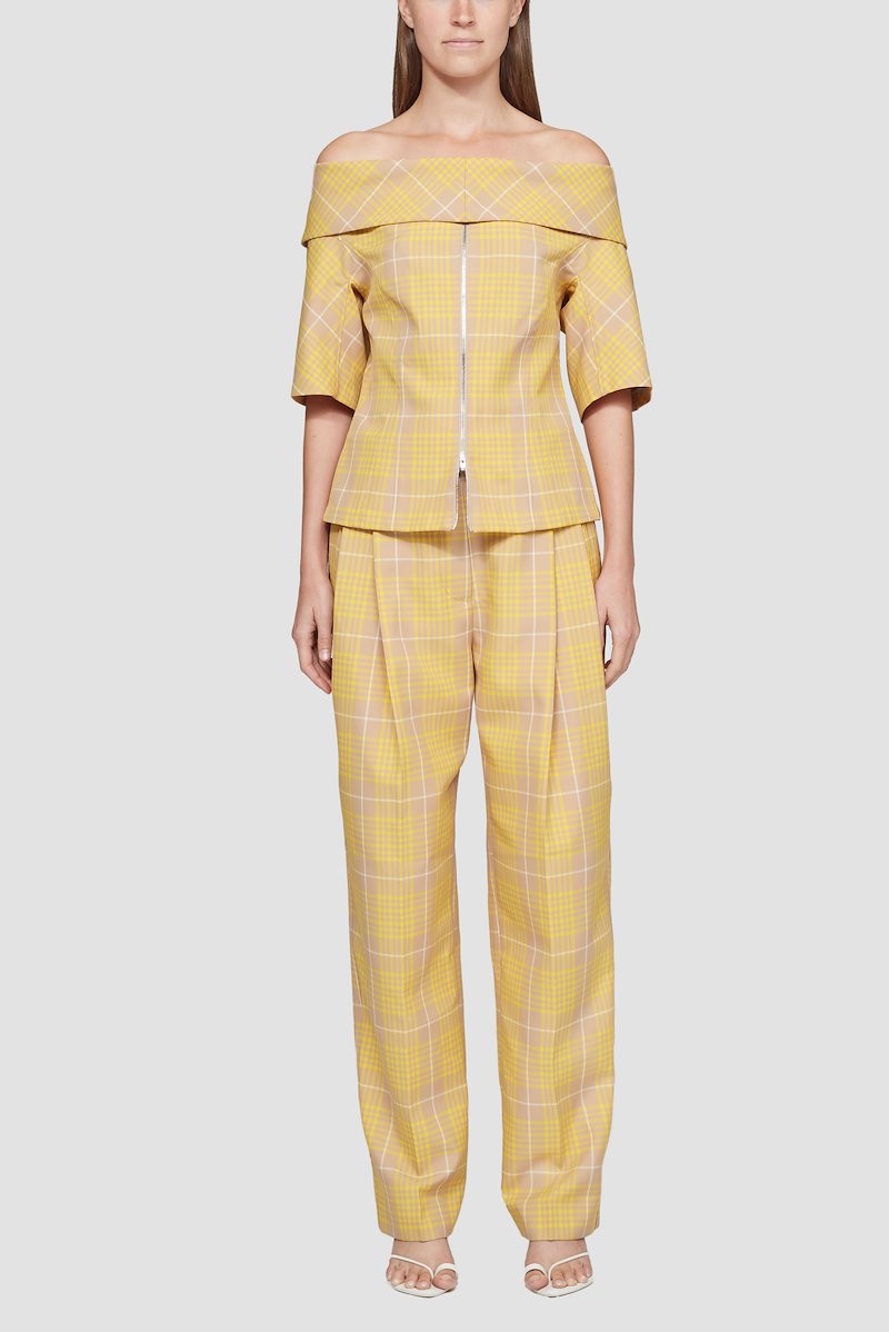 Plaid Off the Shoulder Top-yellow #0 Plaid Off the Shoulder Top, Sunflower yellow off-shoulder plaid top from 3.1 PHILLIP LIM featuring folded edge, front zip fastening, dart detailing and short sleeves.- 0