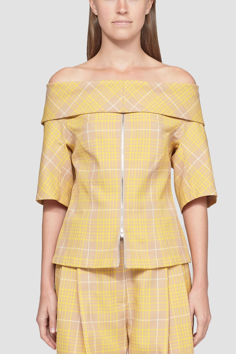 Plaid Off the Shoulder Top-yellow #1 Plaid Off the Shoulder Top, Sunflower yellow off-shoulder plaid top from 3.1 PHILLIP LIM featuring folded edge, front zip fastening, dart detailing and short sleeves.- 1