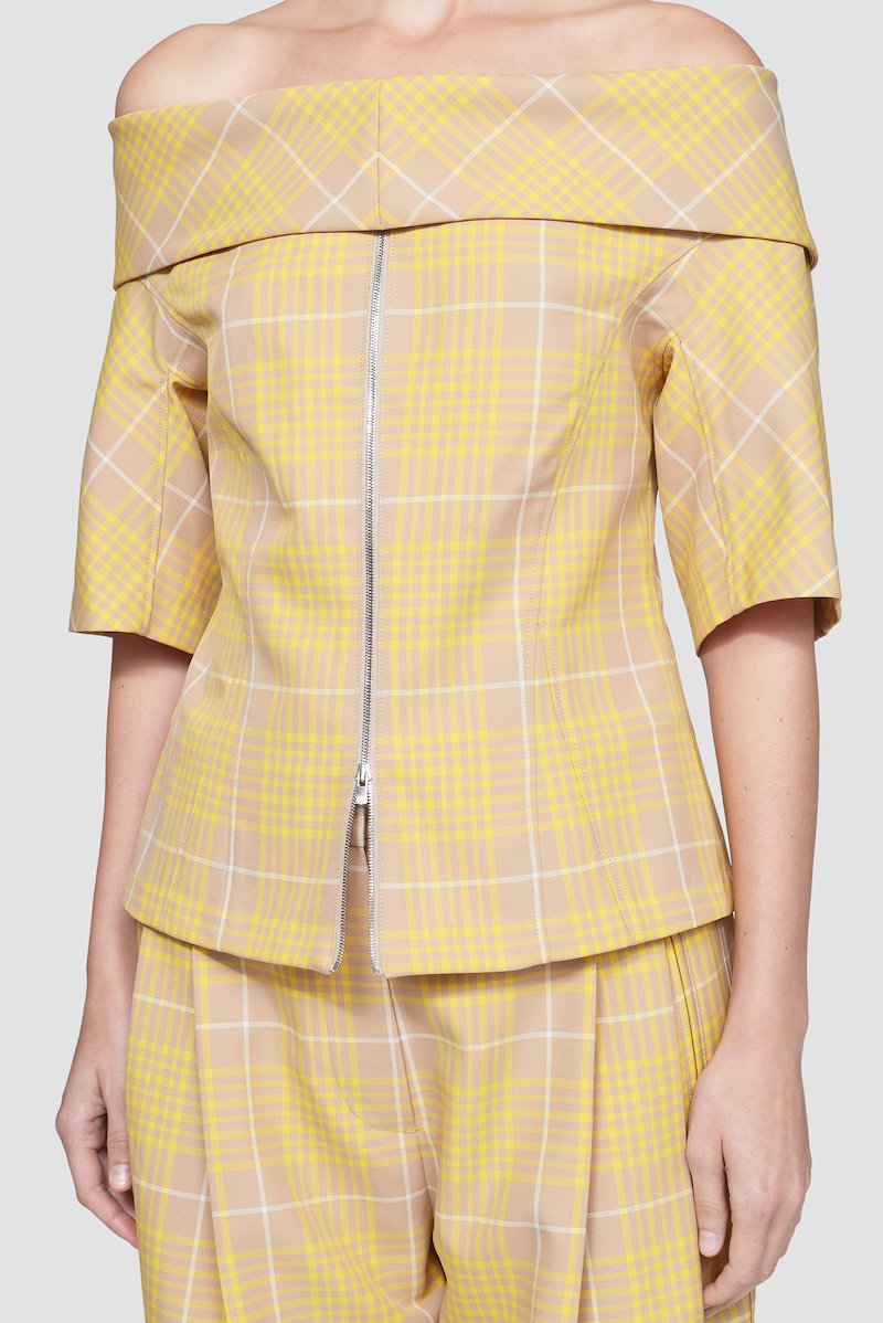 Plaid Off the Shoulder Top, Sunflower yellow off-shoulder plaid top from 3.1 PHILLIP LIM featuring folded edge, front zip fastening, dart detailing and short sleeves.- 3