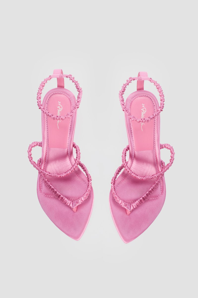 Verona Ankle Strap Sandal-pink #1 Verona Ankle Strap Sandal, Carnation pink satin Verona 60mm strappy satin sandals from 3.1 PHILLIP LIM featuring pointed toe, thong strap, branded insole, mid heel, multi strap design and elasticated straps.- 3