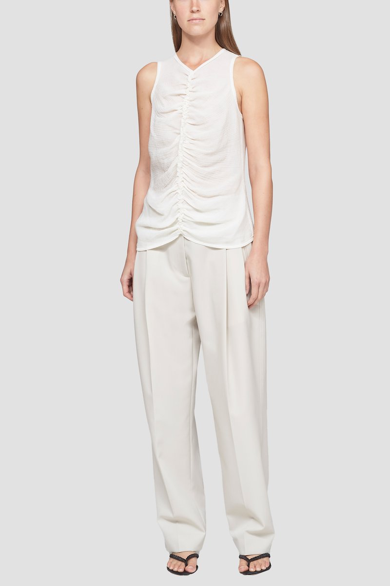 Shirred Tank-white #0 Shirred Tank, Ecru white cotton blend plissé shirred tank top from 3.1 PHILLIP LIM featuring V-neck, rear zip fastening, sleeveless and ruched detailing.- 0