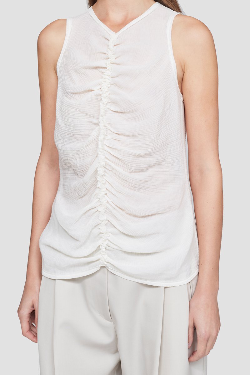 Shirred Tank-white #0 Shirred Tank, Ecru white cotton blend plissé shirred tank top from 3.1 PHILLIP LIM featuring V-neck, rear zip fastening, sleeveless and ruched detailing.- 4