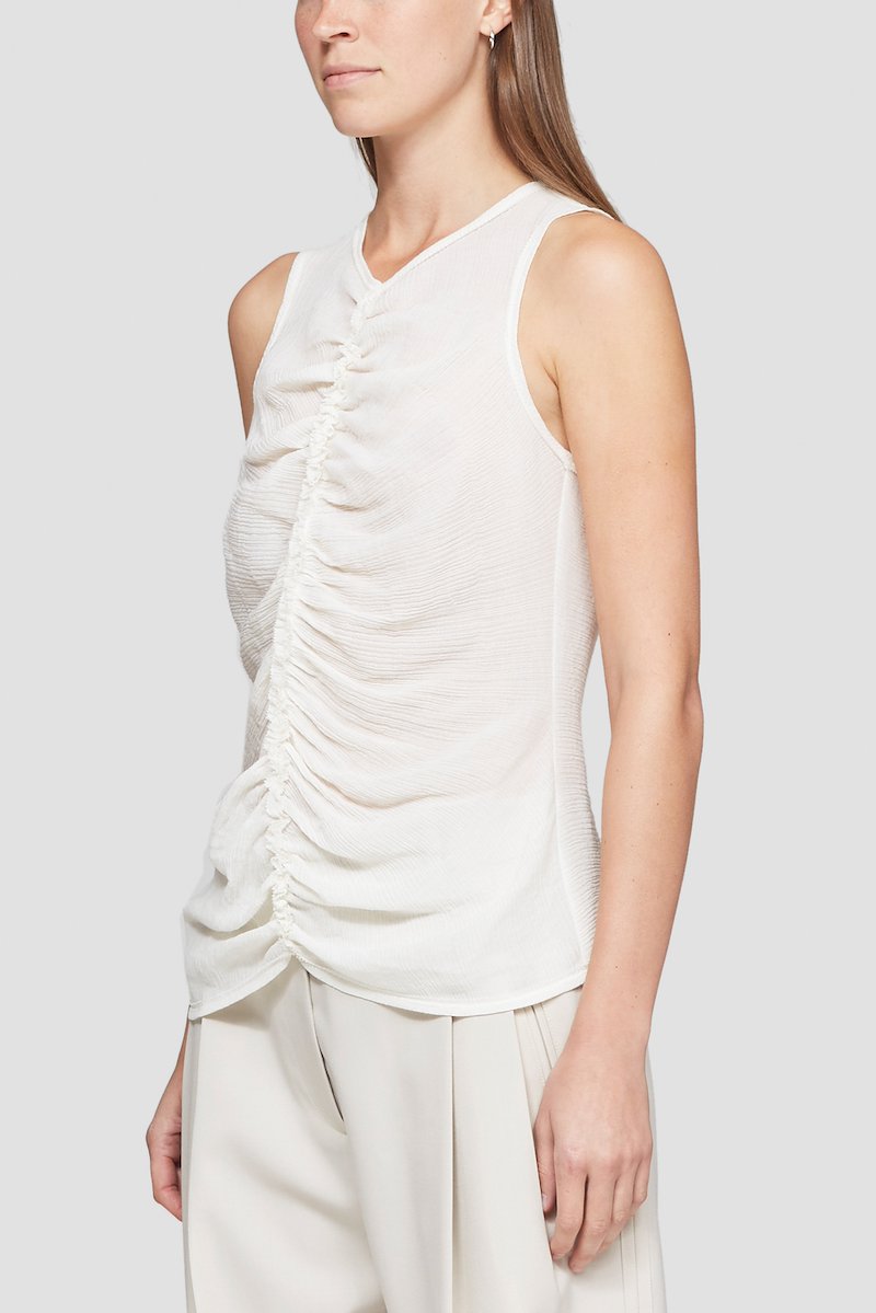 Shirred Tank-white #0 Shirred Tank, Ecru white cotton blend plissé shirred tank top from 3.1 PHILLIP LIM featuring V-neck, rear zip fastening, sleeveless and ruched detailing.- 2